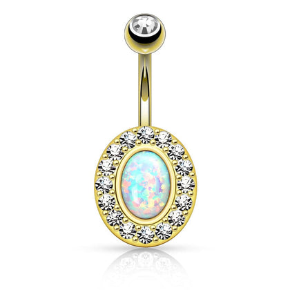 Elegant Oval Blue Opal Non Dangling Gold Plated Surgical Steel Belly Ring - Pierced Universe