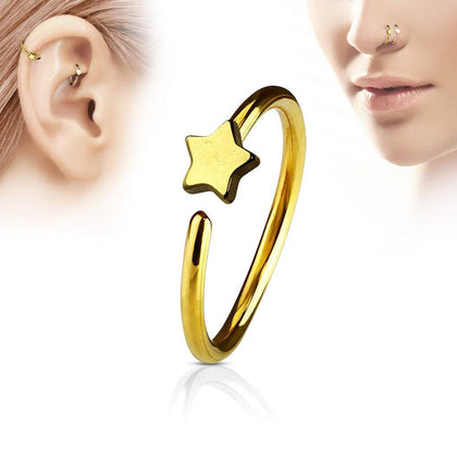 Gold IP on 316L Surgical Steel Nose Hoop Ring with Small Star - Pierced Universe