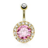 Gold Plated Surgical Steel Clear CZ Rim with Pink Center Stone Belly Ring - Pierced Universe