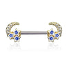 Gold Plated Surgical Steel Crescent Moon & Blue Stars Nipple Ring Barbell - Pierced Universe