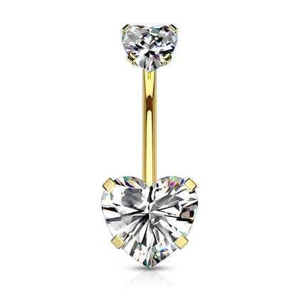 Gold Plated Surgical Steel Double Heart White CZ Gem Belly Button Ring - Pierced Universe