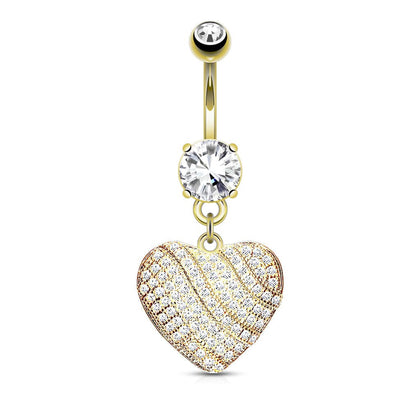 Gold Plated Surgical Steel White Pave Heart Dangle Belly Ring - Pierced Universe