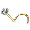 Gold PVD over Surgical Steel White Round CZ Prong Gem Corkscrew Nose Ring Stud - Pierced Universe