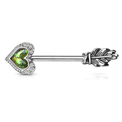 Green Opal Heart & Feather Arrow Surgical Steel Nipple Ring Barbell - Pierced Universe