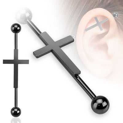 Black Titanium Anodized Over Surgical Steel Cross Straight Barbell Industrial - Pierced Universe