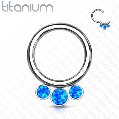 Implant Grade Titanium Blue Bezel Opal Septum Cartilage Daith Hinged Clicker - Pierced Universe