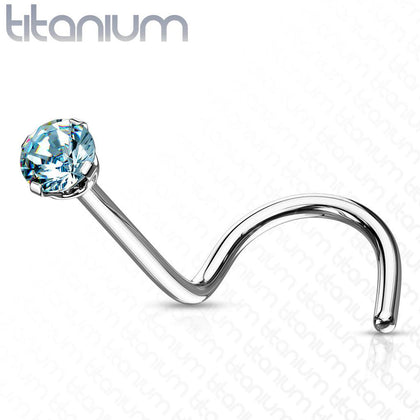 Implant Grade Titanium Corkscrew Nose Ring Stud Aqua CZ With Prong - Pierced Universe