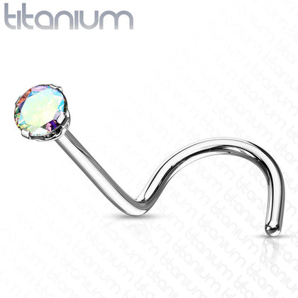 Implant Grade Titanium Corkscrew Nose Ring Stud Aurora Borealis CZ With Prong - Pierced Universe