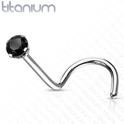 Implant Grade Titanium Corkscrew Nose Ring Stud Black CZ With Prong - Pierced Universe