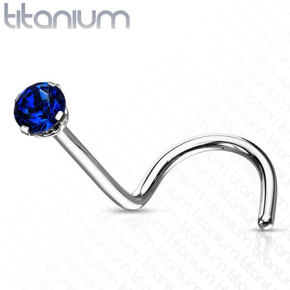 Implant Grade Titanium Corkscrew Nose Ring Stud Blue CZ With Prong - Pierced Universe