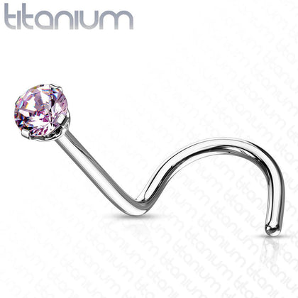 Implant Grade Titanium Corkscrew Nose Ring Stud Pink CZ With Prong - Pierced Universe