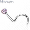 Implant Grade Titanium Corkscrew Nose Ring Stud Pink CZ With Prong - Pierced Universe