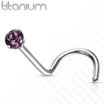 Implant Grade Titanium Corkscrew Nose Ring Stud Purple CZ With Prong - Pierced Universe