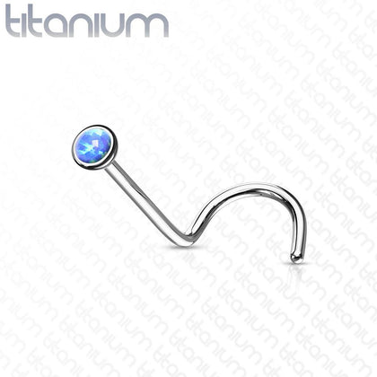 Implant Grade Titanium Corkscrew Nose Ring Stud with Blue Opal Gem - Pierced Universe