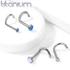 Implant Grade Titanium Corkscrew Nose Ring Stud with Blue Opal Gem - Pierced Universe