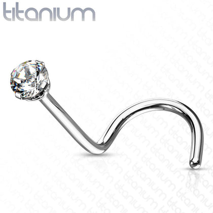 Implant Grade Titanium Corkscrew Nose Ring Stud with Prong White CZ Gem - Pierced Universe