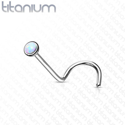 Implant Grade Titanium Corkscrew Nose Ring Stud with White Opal Gem - Pierced Universe