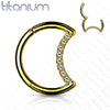 Implant Grade Titanium Crescent Moon Gold PVD White CZ Hinged Clicker Hoop Daith Cartilage Ring - Pierced Universe