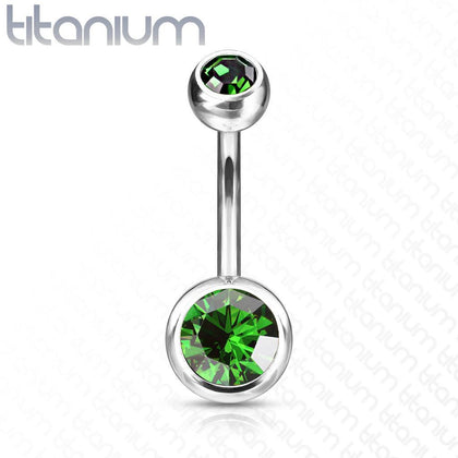 Implant Grade Titanium Double Ball Green CZ Gem Belly Ring - Pierced Universe