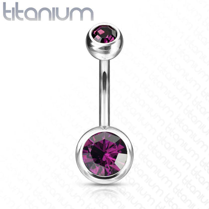 Implant Grade Titanium Double Ball Purple CZ Gem Belly Ring - Pierced Universe