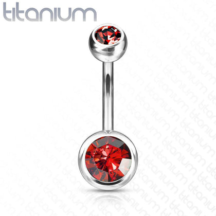 Implant Grade Titanium Double Ball Red CZ Gem Belly Ring - Pierced Universe