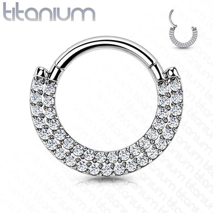 Implant Grade Titanium Double Row White CZ Pave Daith Ring Clicker Hoop - Pierced Universe