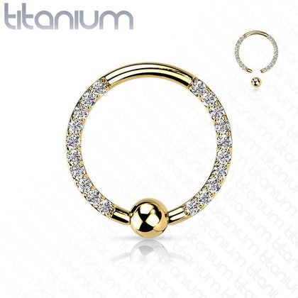 Implant Grade Titanium Gold PVD Front Facing White CZ Pave CBR Hoop Ring - Pierced Universe