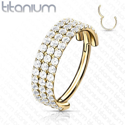 Implant Grade Titanium Gold PVD Triple Row White CZ Pave Hinged Clicker Hoop - Pierced Universe