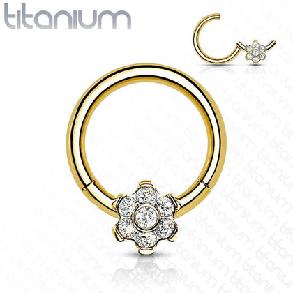 Implant Grade Titanium Gold PVD White CZ Gem Flower Hinged Clicker Hoop - Pierced Universe