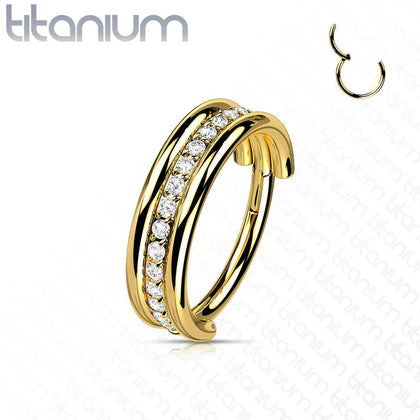 Implant Grade Titanium Gold PVD White CZ Pave Center Hinged Clicker Hoop - Pierced Universe