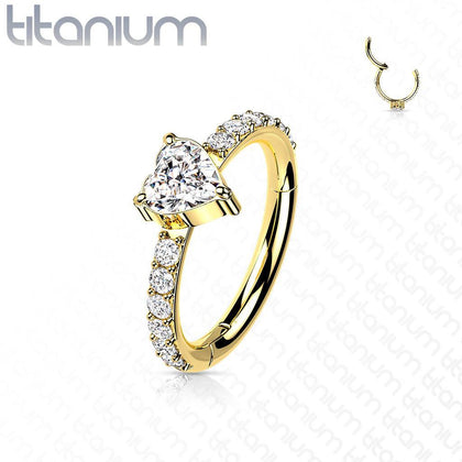 Implant Grade Titanium Gold PVD White CZ With Heart Shaped Center Hinged Clicker Hoop