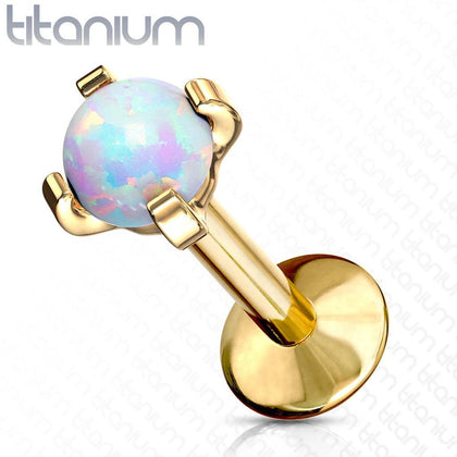 Implant Grade Titanium Gold PVD White Opal Flat Back Internally Threaded Labret Cartilage Tragus Ring - Pierced Universe