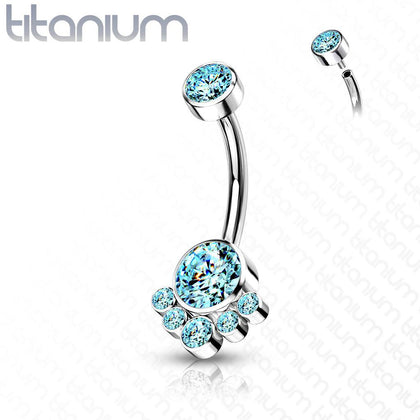 Implant Grade Titanium Internally Threaded Aqua CZ Bezel Cluster Belly Ring - Pierced Universe