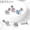 Implant Grade Titanium Internally Threaded Aqua CZ Flower Flat Back - Pierced Universe