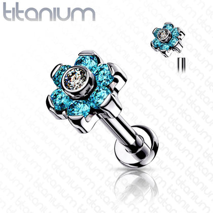 Implant Grade Titanium Internally Threaded Aqua CZ Flower Flat Back - Pierced Universe