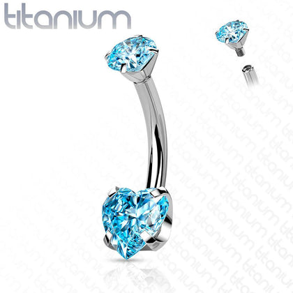 Implant Grade Titanium Internally Threaded Aqua Heart CZ Belly Ring - Pierced Universe