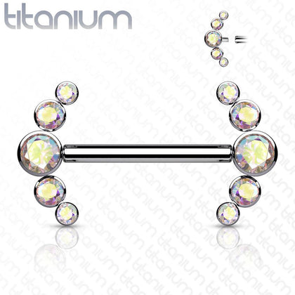 Implant Grade Titanium Internally Threaded Aurora Borealis 5 Bezel CZ Gem Nipple Ring - Pierced Universe