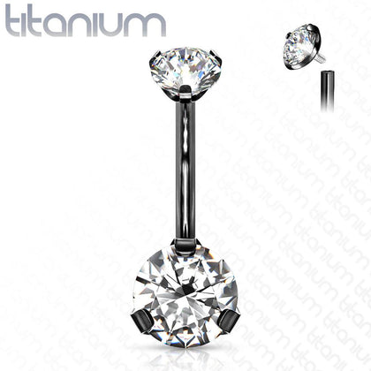 Implant Grade Titanium Internally Threaded Black PVD White CZ Prong Belly Button Navel Ring - Pierced Universe