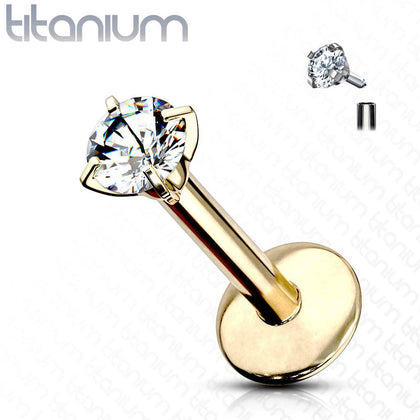 Implant Grade Titanium Internally Threaded Gold PVD Plated White CZ Labret - Pierced Universe