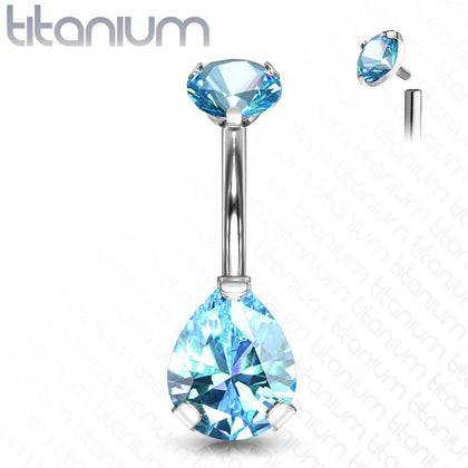 Implant Grade Titanium Internally Threaded Pear Tear Drop Aqua CZ Belly Ring - Pierced Universe