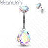 Implant Grade Titanium Internally Threaded Pear Tear Drop Aurora Borealis CZ Belly Ring - Pierced Universe