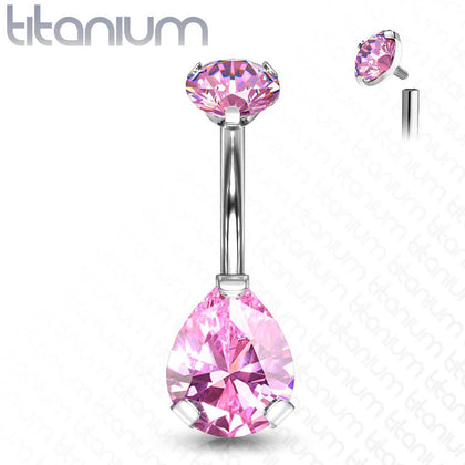 Implant Grade Titanium Internally Threaded Pear Tear Drop Pink CZ Belly Ring - Pierced Universe