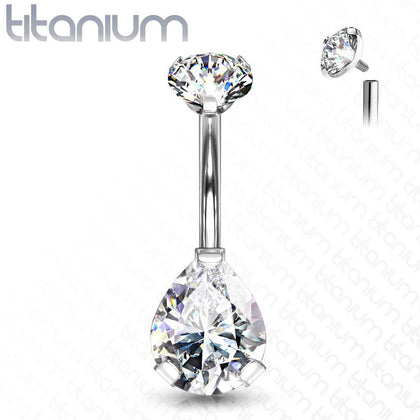 Implant Grade Titanium Internally Threaded Pear Tear Drop White CZ Belly Ring - Pierced Universe