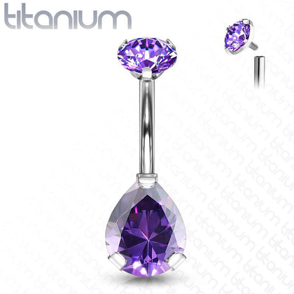 Implant Grade Titanium Internally Threaded Pear Teardrop Purple CZ Belly Ring - Pierced Universe