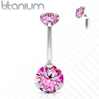 Implant Grade Titanium Internally Threaded Pink CZ Prong Belly Button Navel Ring - Pierced Universe