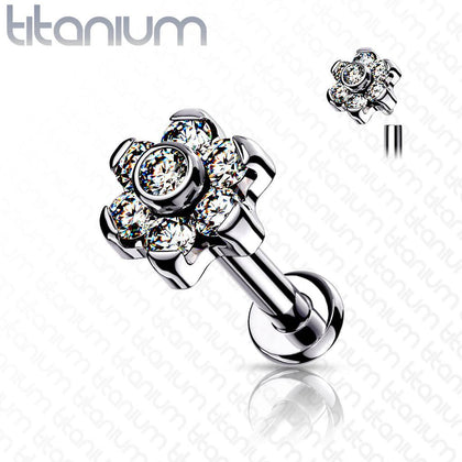 Implant Grade Titanium Internally Threaded White CZ Flower Flat Back - Pierced Universe