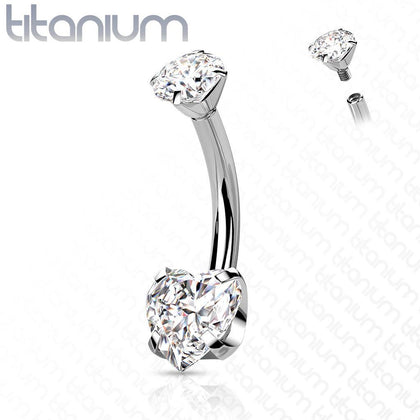 Implant Grade Titanium Internally Threaded White Heart CZ Belly Ring - Pierced Universe