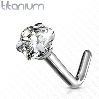 Implant Grade Titanium L Shape Heart CZ Prong Nose Stud - Pierced Universe