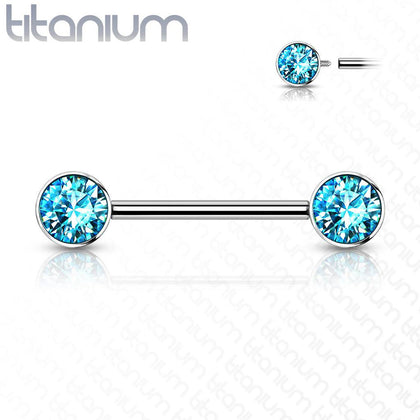 Implant Grade Titanium Nipple Barbell With Internally Threaded Aqua CZ Gems - Pierced Universe