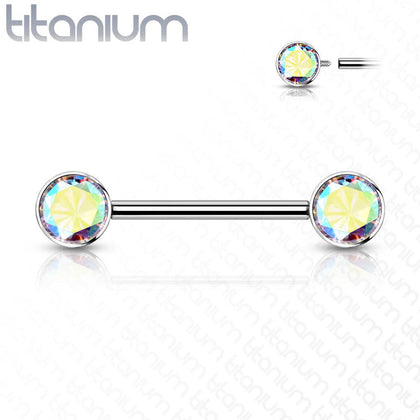 Implant Grade Titanium Nipple Barbell With Internally Threaded Aurora Borealis CZ Gems - Pierced Universe